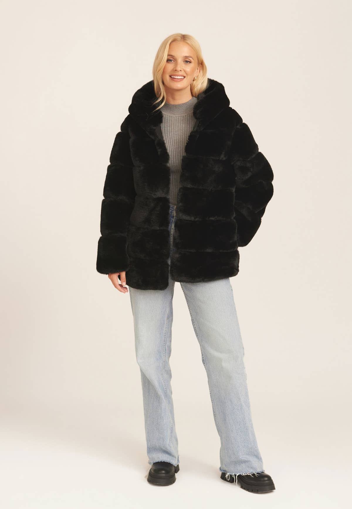 Black Horizontal Cut Fur Hooded Jacket – View 3 | Gini London