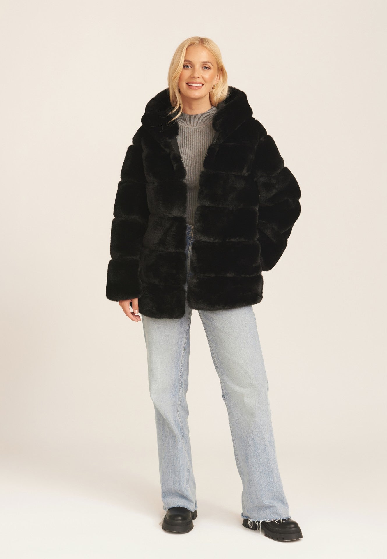 Black Horizontal Cut Fur Hooded Jacket