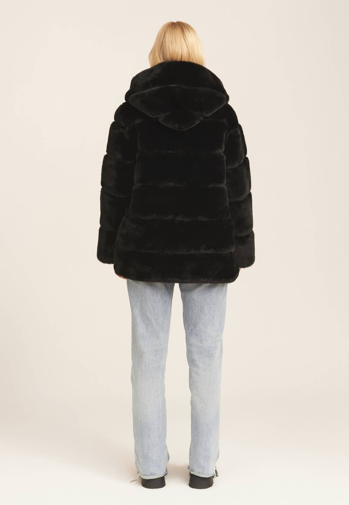Black Horizontal Cut Fur Hooded Jacket – View 4 | Gini London