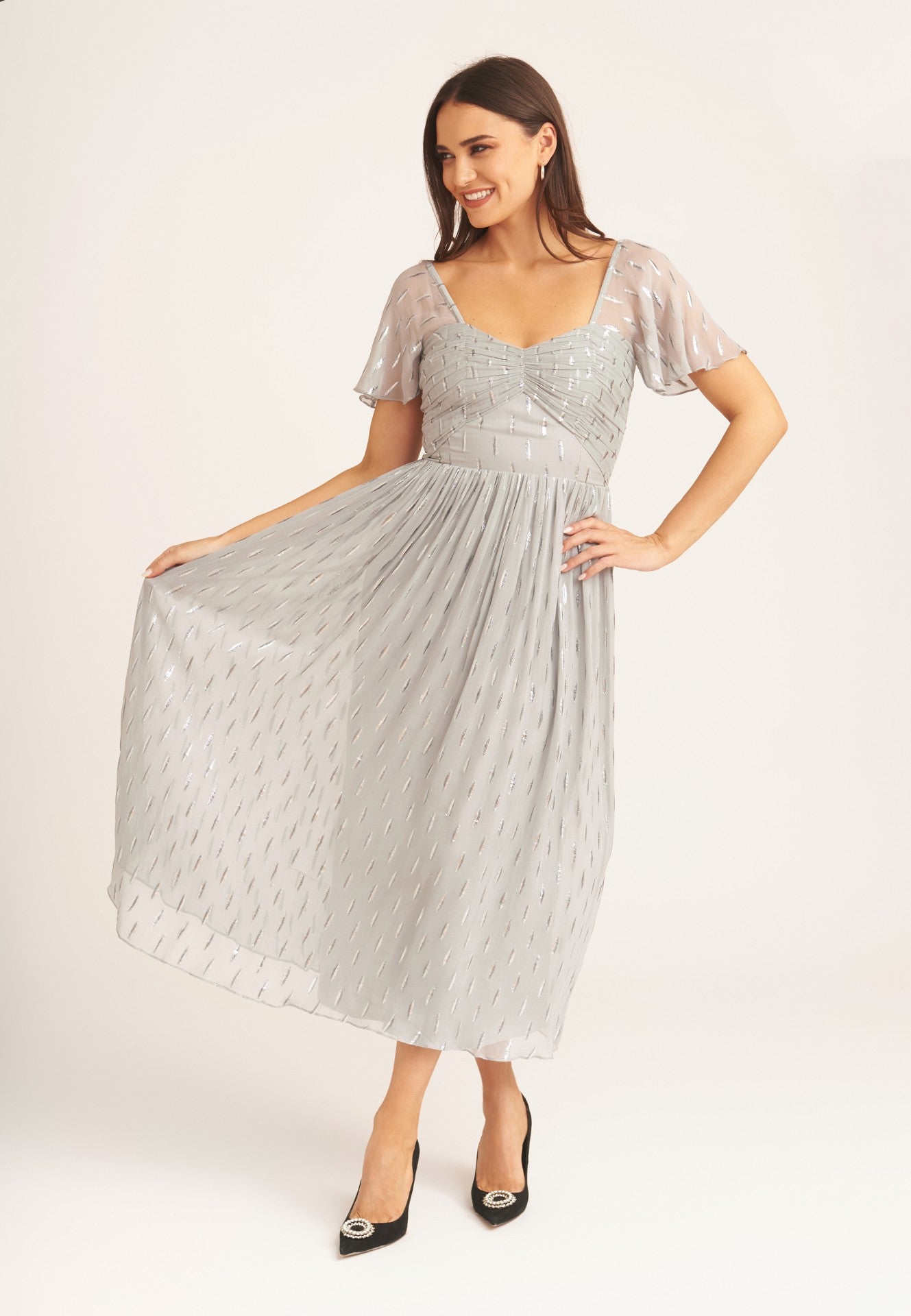 Jacquard Metallic Angel Sleeves Midi Dress