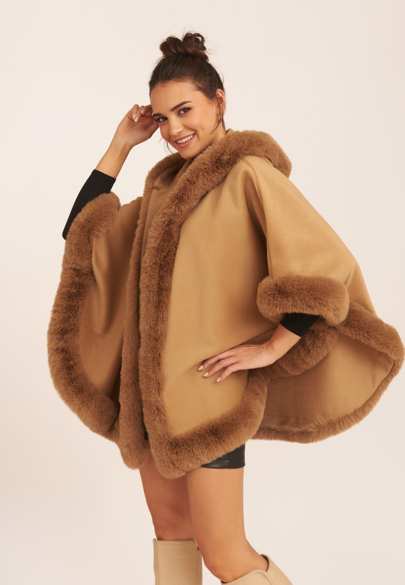 Camel Soft Fur Trim Hooded Oversized Cape