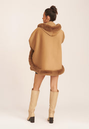 Camel Soft Fur Trim Hooded Oversized Cape