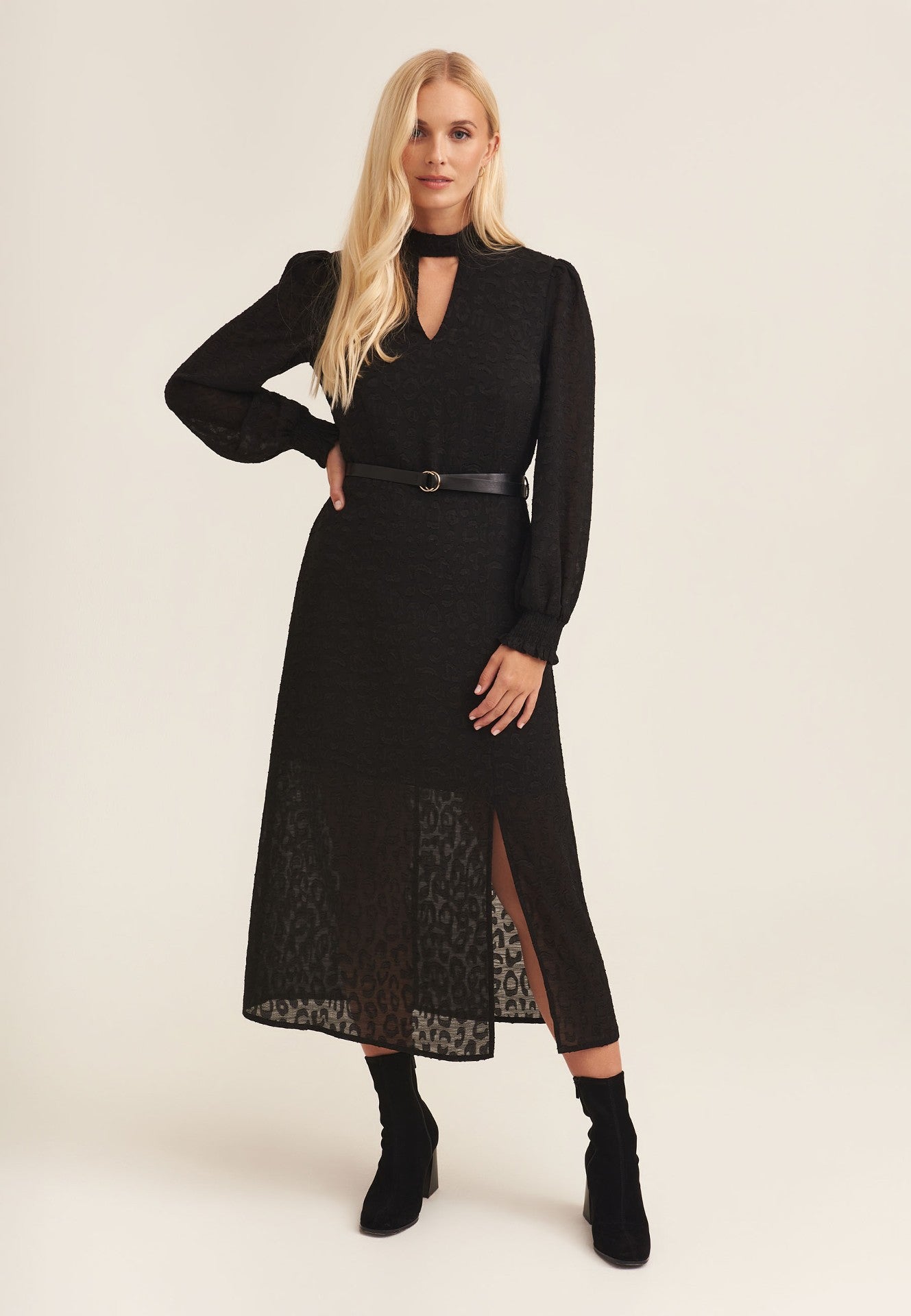 Black Long Sleeve Keyhole Neckline Waist Tie Midi Dress