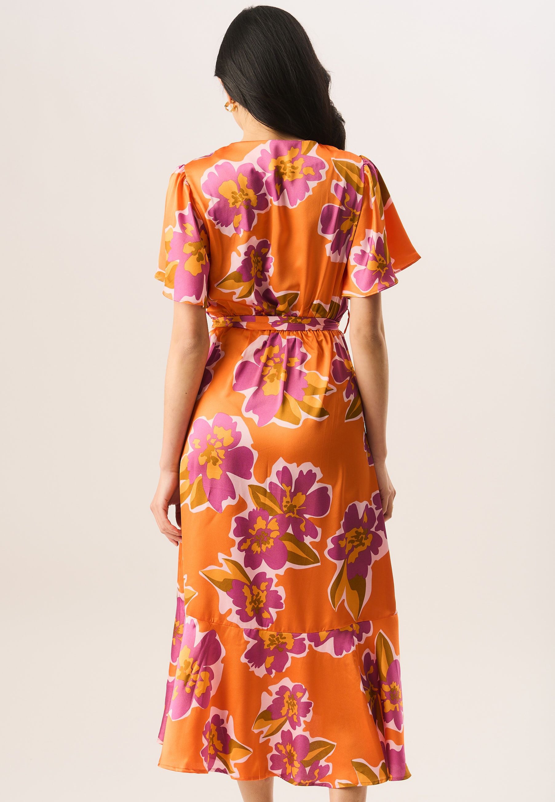 Multi Large Floral Print Wrap Occasion Midi Dress